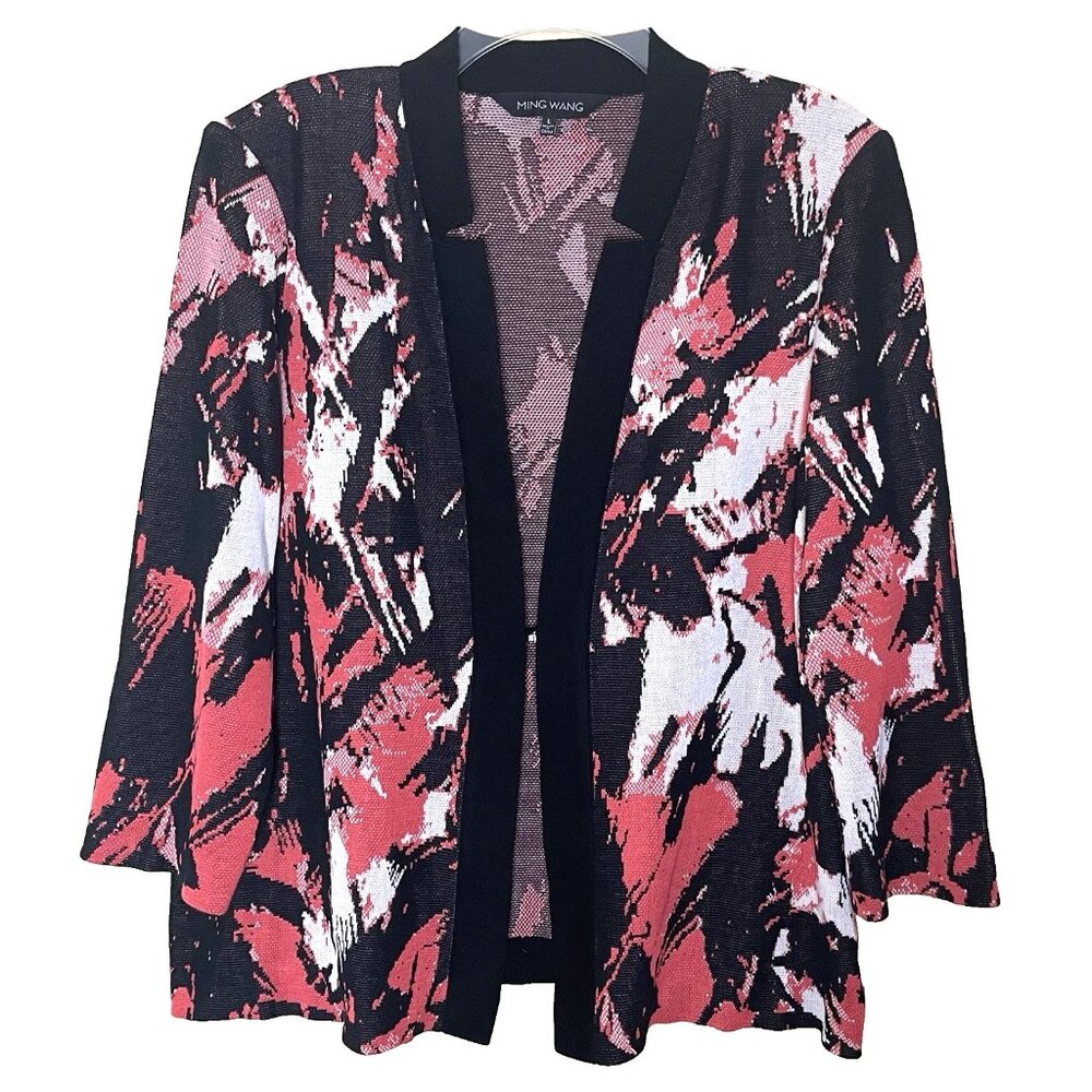 Ming Wang Cardigan Jacket Large Knit Red Black Abstract Print Office 3/4 Sleeves